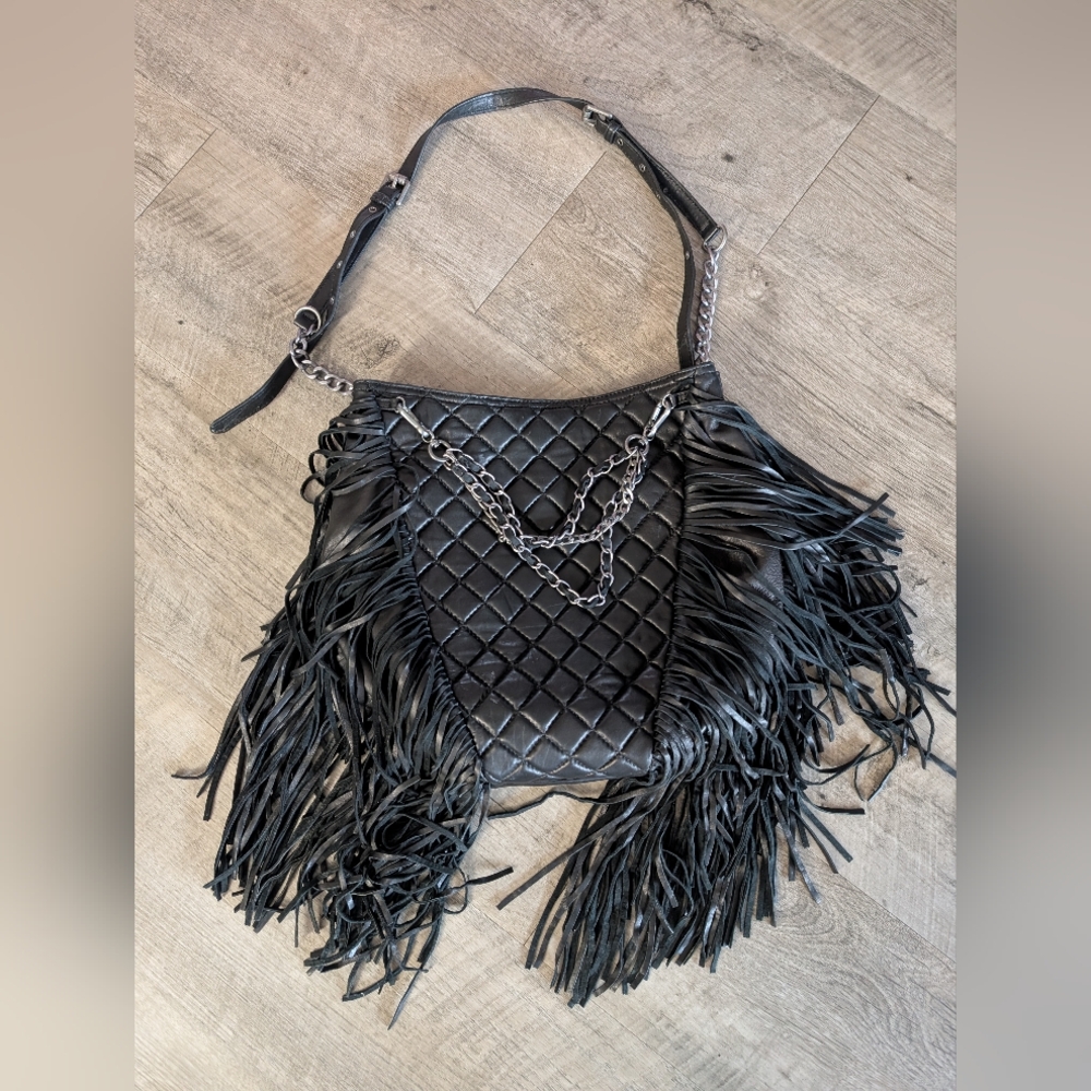 Black Quilted Fringe Shoulder Bag